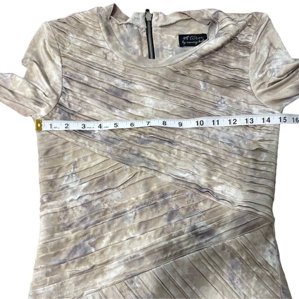 Torn by Ronny Kobo Womens Size S Dress Pleated Patterned Long Sleeve Gray Beige - Picture 5 of 8